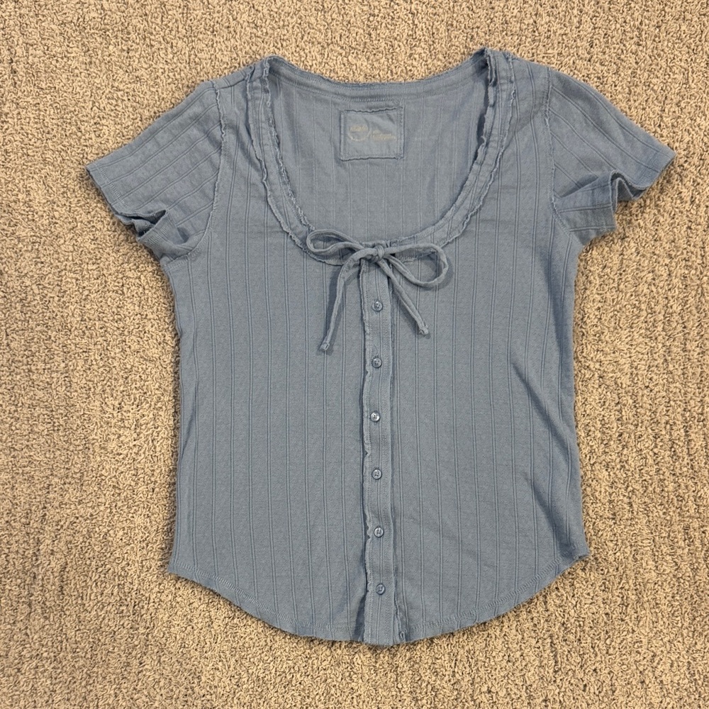 Aerie Blue Button-Up Blouse with Bow